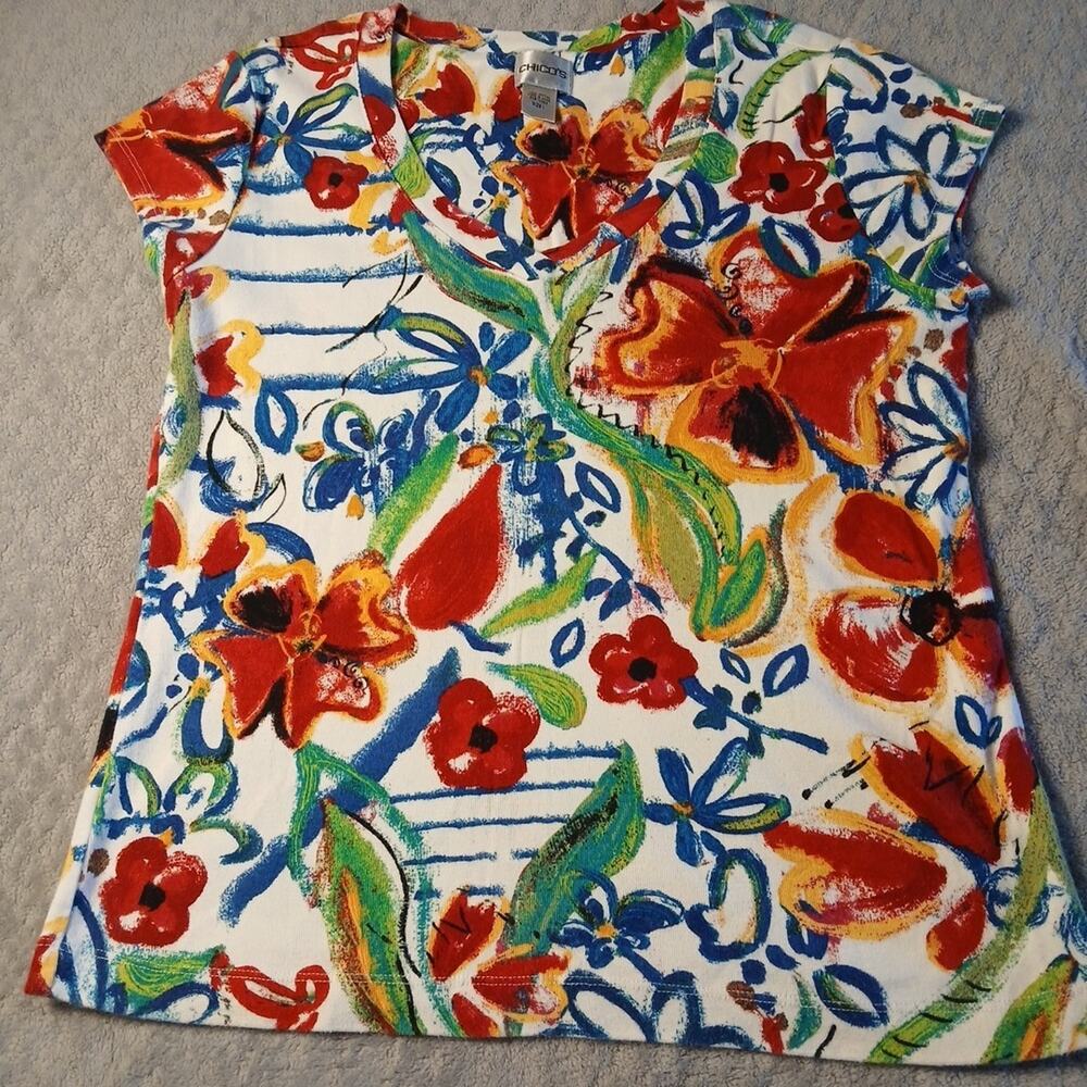 Chicos Size 1(US Size M) 100% Cotton Colorful Short Sleeve V-neck EUC